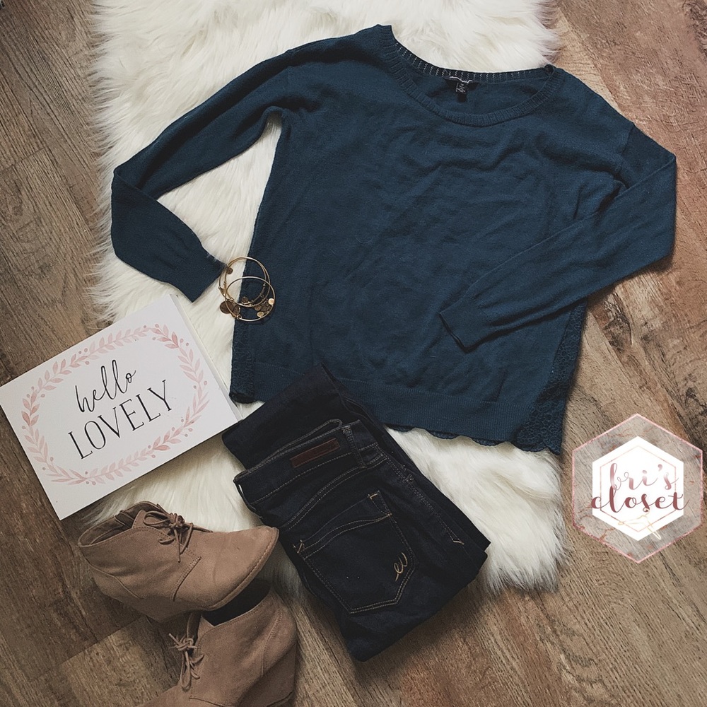 Blue Crotchet Lace Back Crew Sweater